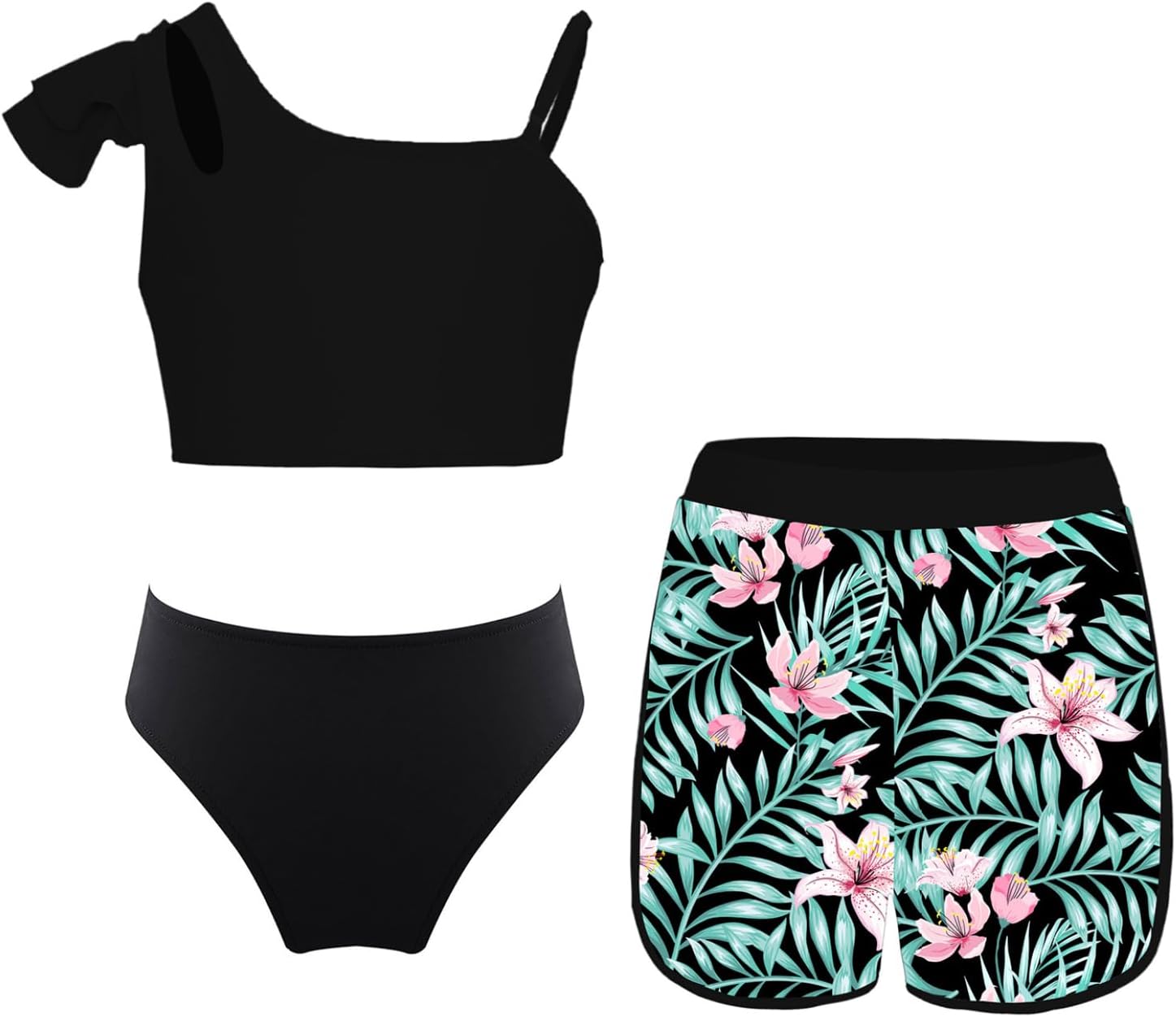 Kids Girls 3Pcs Sleeveless Swimsuit Tank Top and Brief with Tropical Print Shorts Bathing Suit