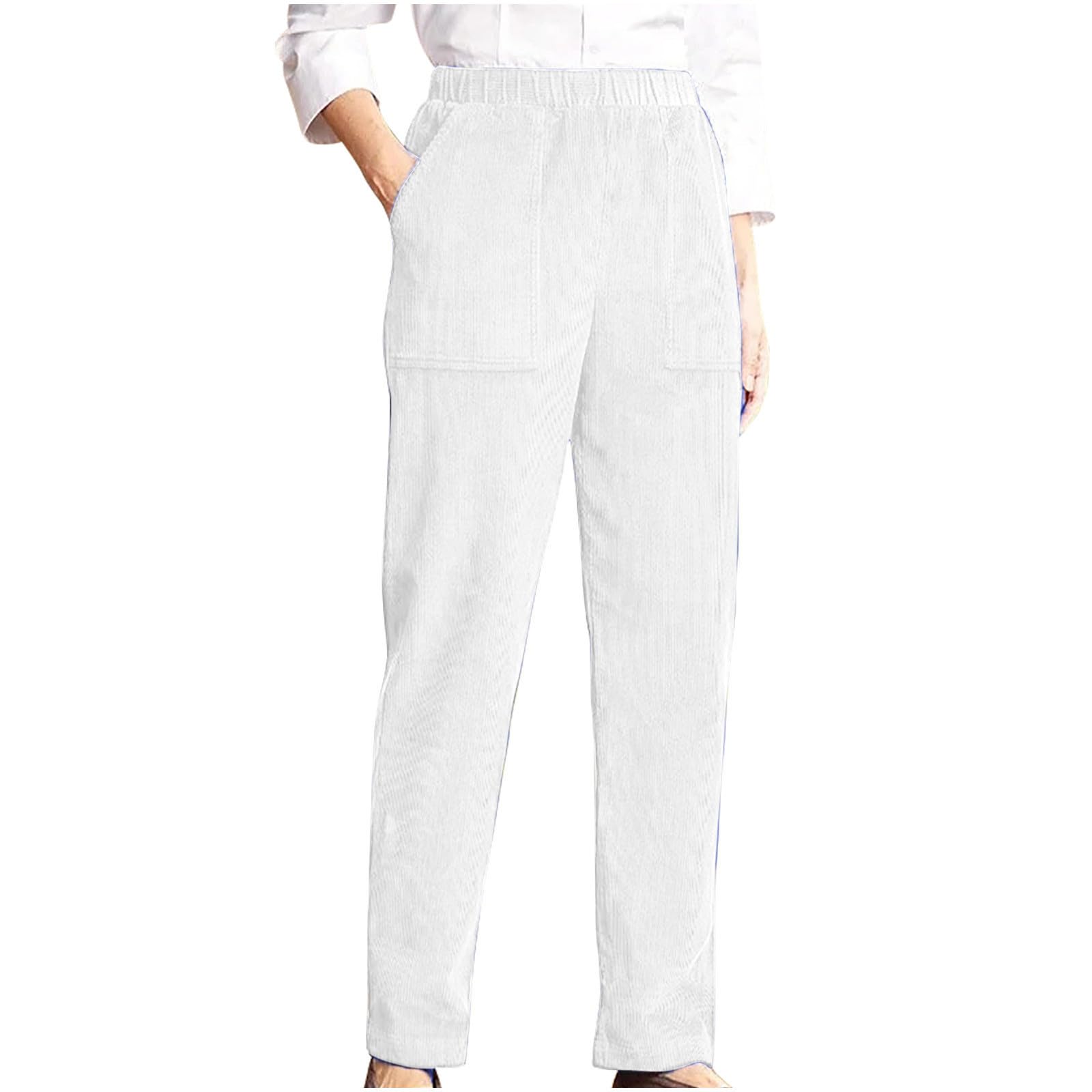 Straight Leg Corduroy Pants for Women - Elastic Waist Petite Pant Business Casual Work Office Slacks Lounge Trousers