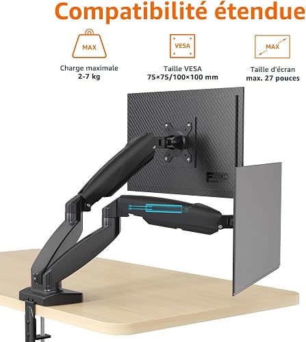 Amazon Basics Support à deux bras réglables à ressort à gaz pour écrans, peut accueillir des écrans allant jusqu’à 27" (68.6 cm), Noir - 3