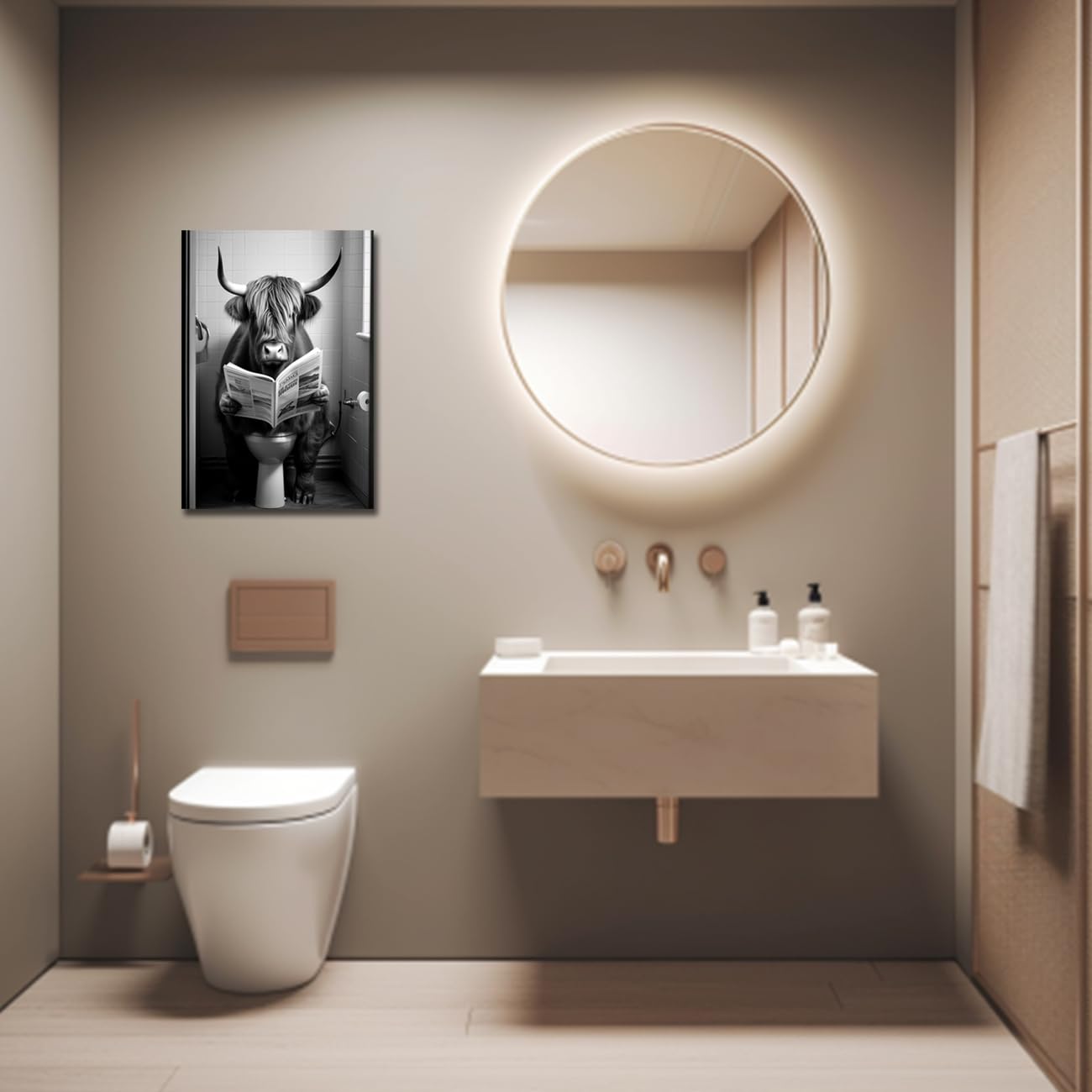 LZIMU Funny Bathroom Wall Decor Cute Highland Cow Sitting on Toilet Reading Newspaper Canvas Prints Black and White Animals Posters Framed (Bathroom-5 - Image 2