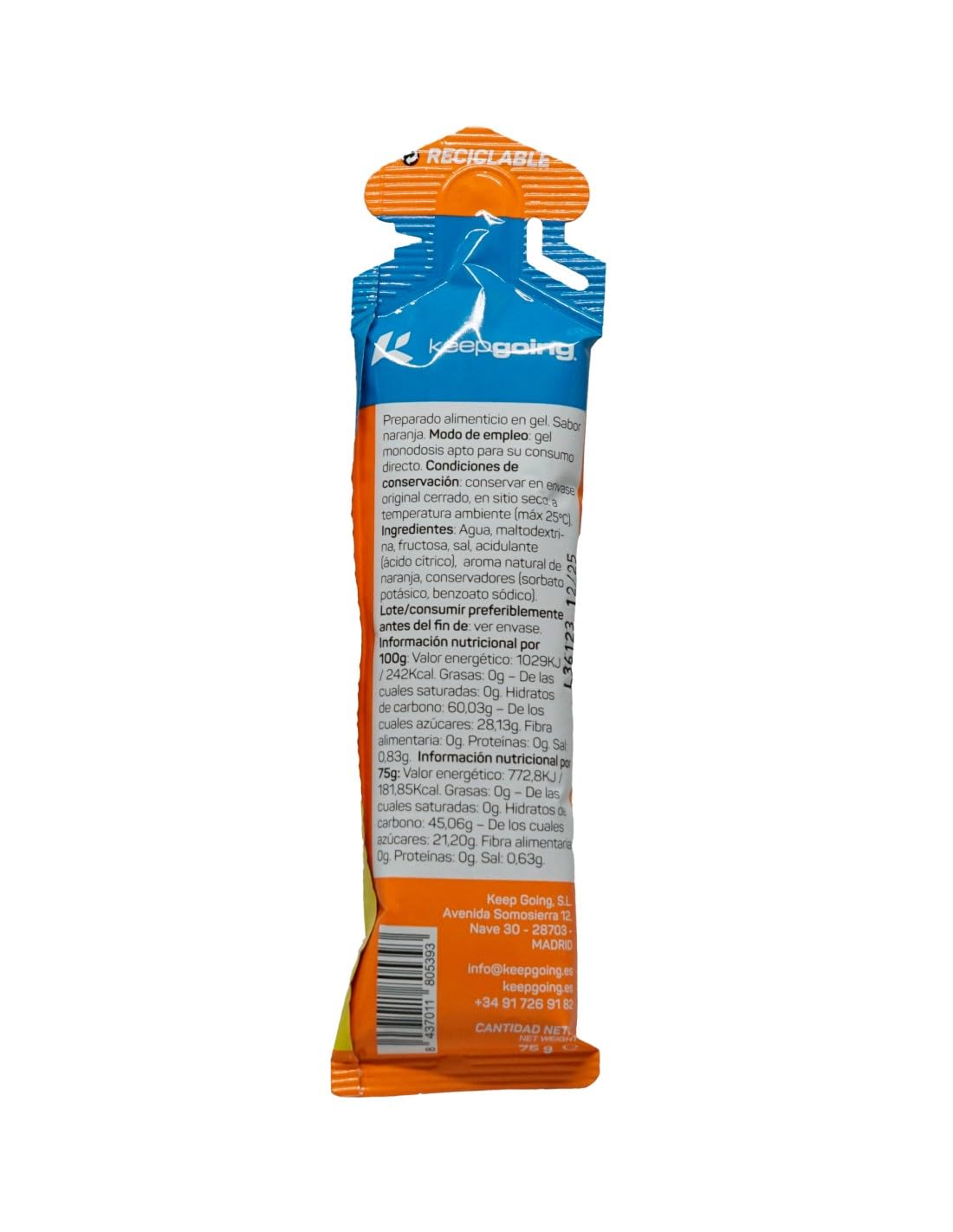 Keepgoing Gel Energético EnergyPro Sabor Naranja 12 uds x 75g | Energy Gel Ciclismo y Running | Ratio 1:0,8 Maltodextrina: Fructosa