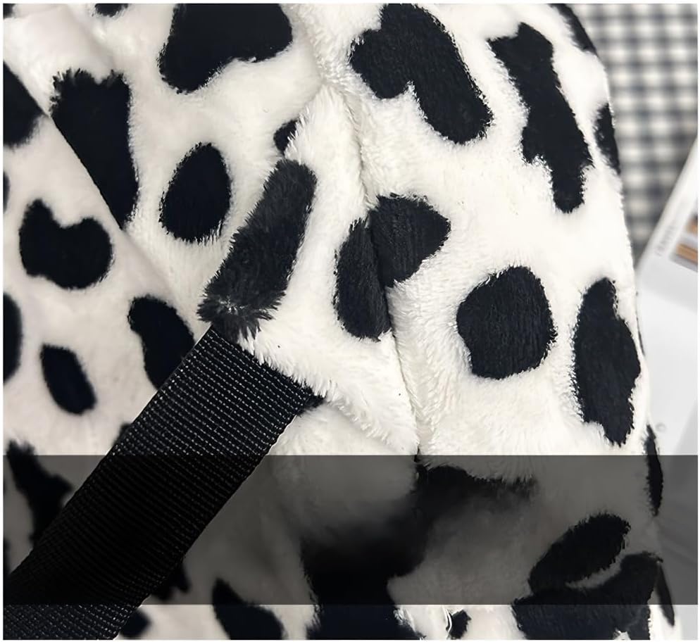Plush Cow Print Backpack, Black and White Faux Fur, Unisex, soft and fluffy materials with animal and white cow printsLarge (Big cow model)