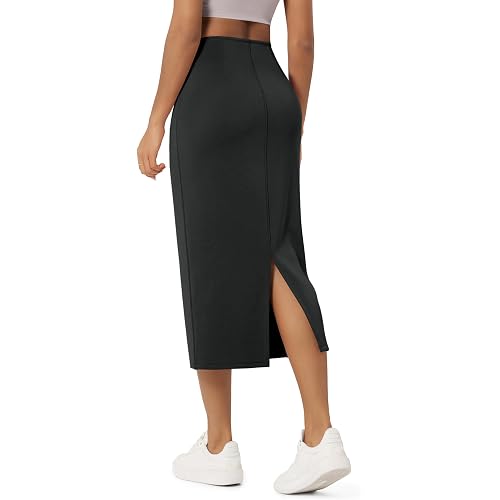 ODODOS Modal Soft Midi Skirt for Women Back Slit High Waist Casual Long Pencil Skirts with Pockets