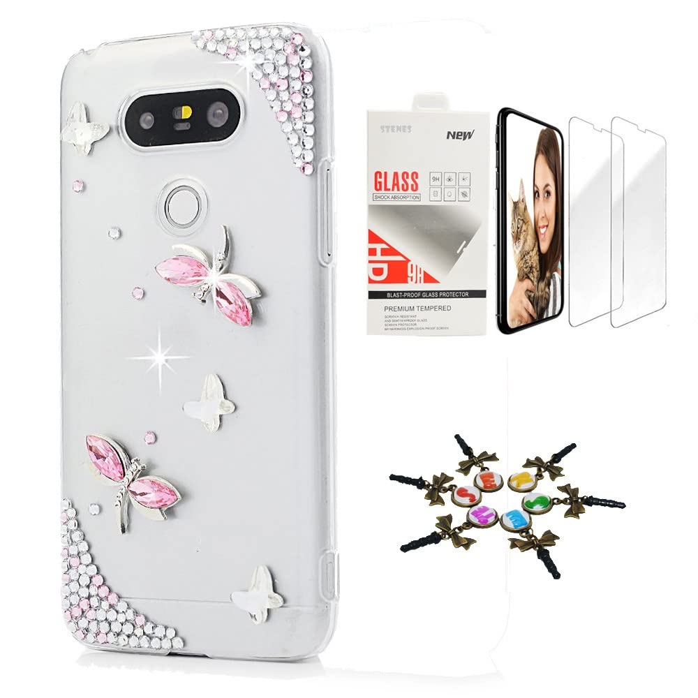 STENES Bling Phone Case Compatible with LG Stylo 5 / Stylo 5V / Stylo 5 Plus - Stylish - 3D Handmade [Sparkle Series] Dragonfly Butterfly Design Cover with Screen Protector [2 Pack] - Pink