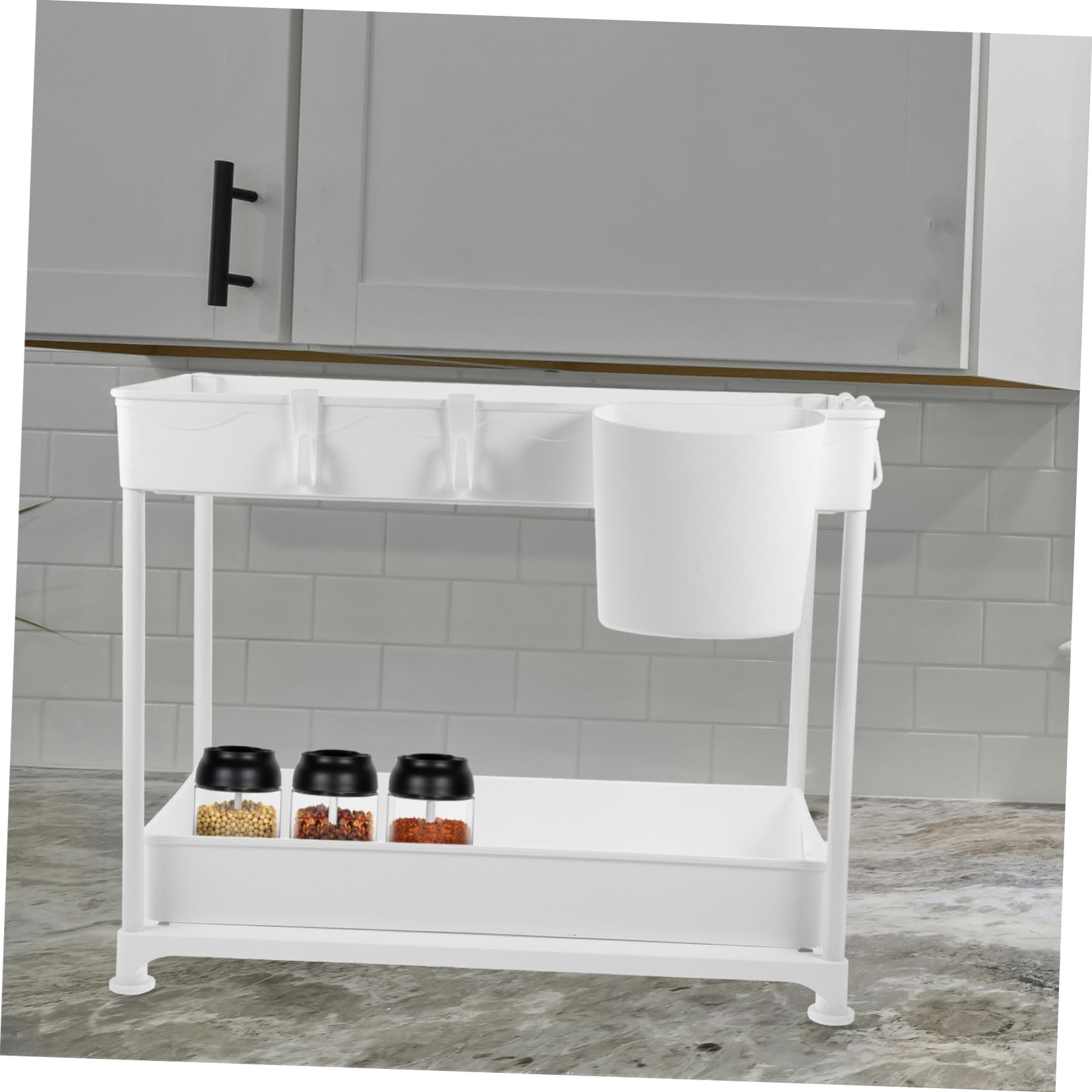 Mensola Organizzatore Sottolavello Estraibile Bianco Abs a Due Livelli | Design a Guardrail, Grande Capienza, Bagno e Cucina, Anti-caduta per Stoviglie
