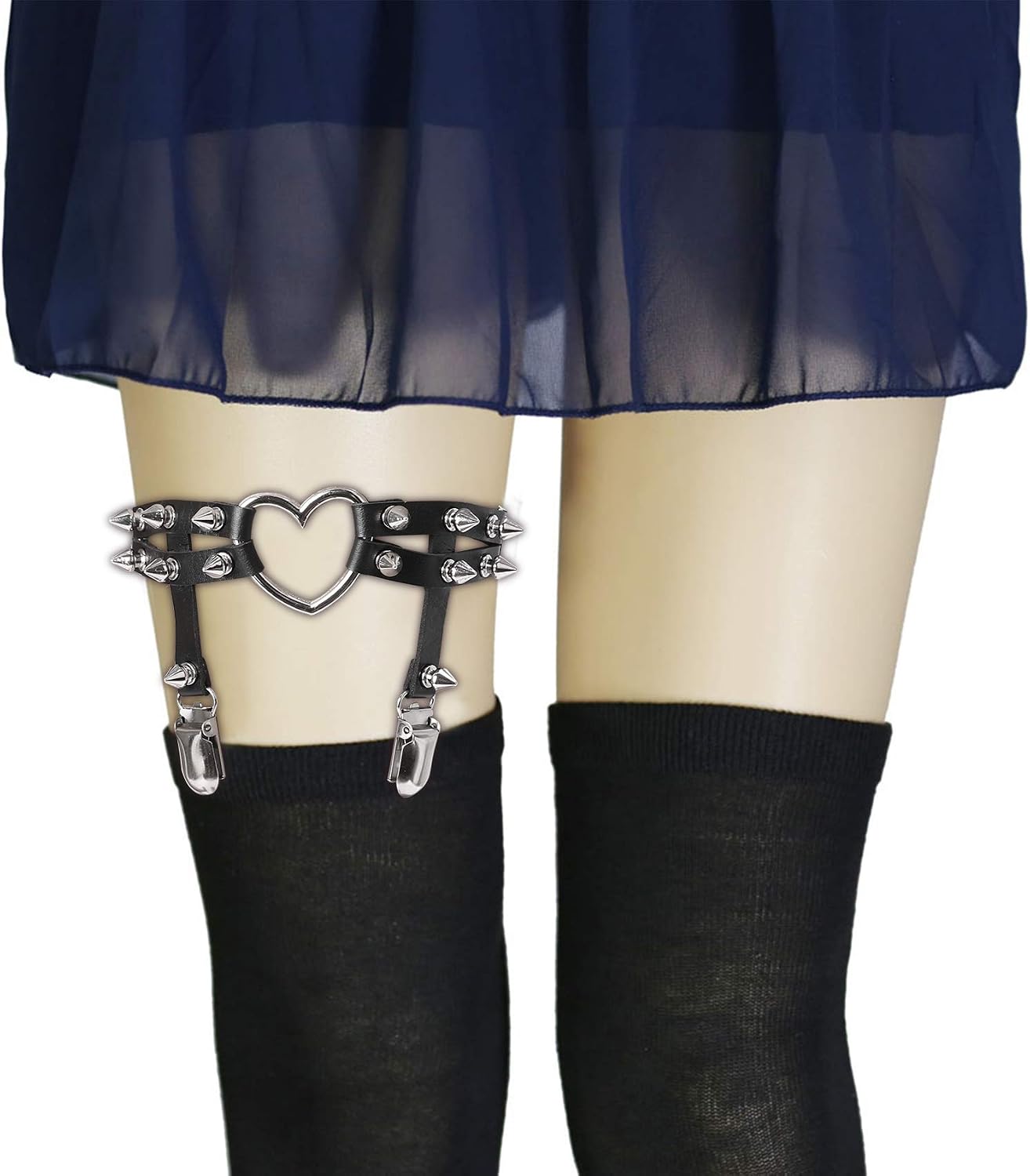 2PCs Adjustable Heart Leg Garter with Anti-Slip Clips, Elastic Studded Thigh Garter for Parties Cosplay