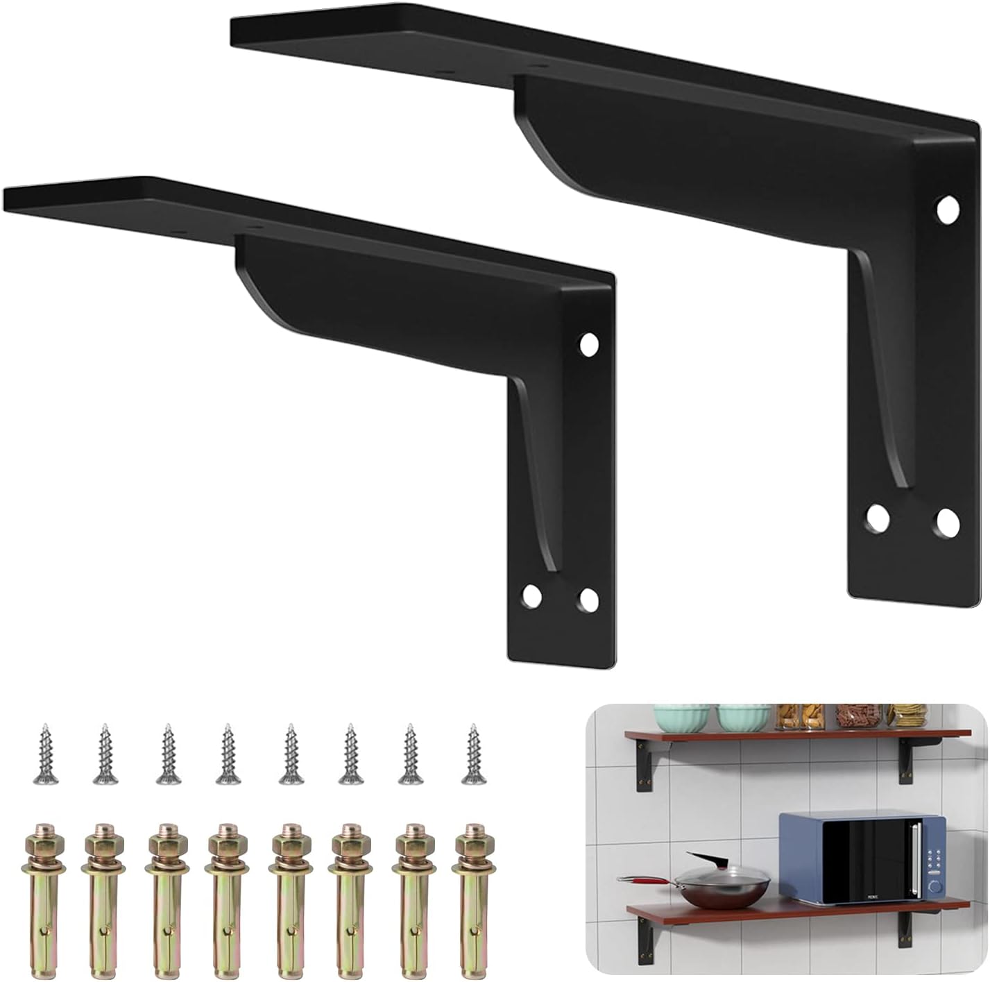 Shelf Brackets Heavy Duty, 16 inches Industrial Steel L Countertop Support 660 LBS Load Capacity Black Metal Brackets for Shelves DIY Triangle(2Pcs)