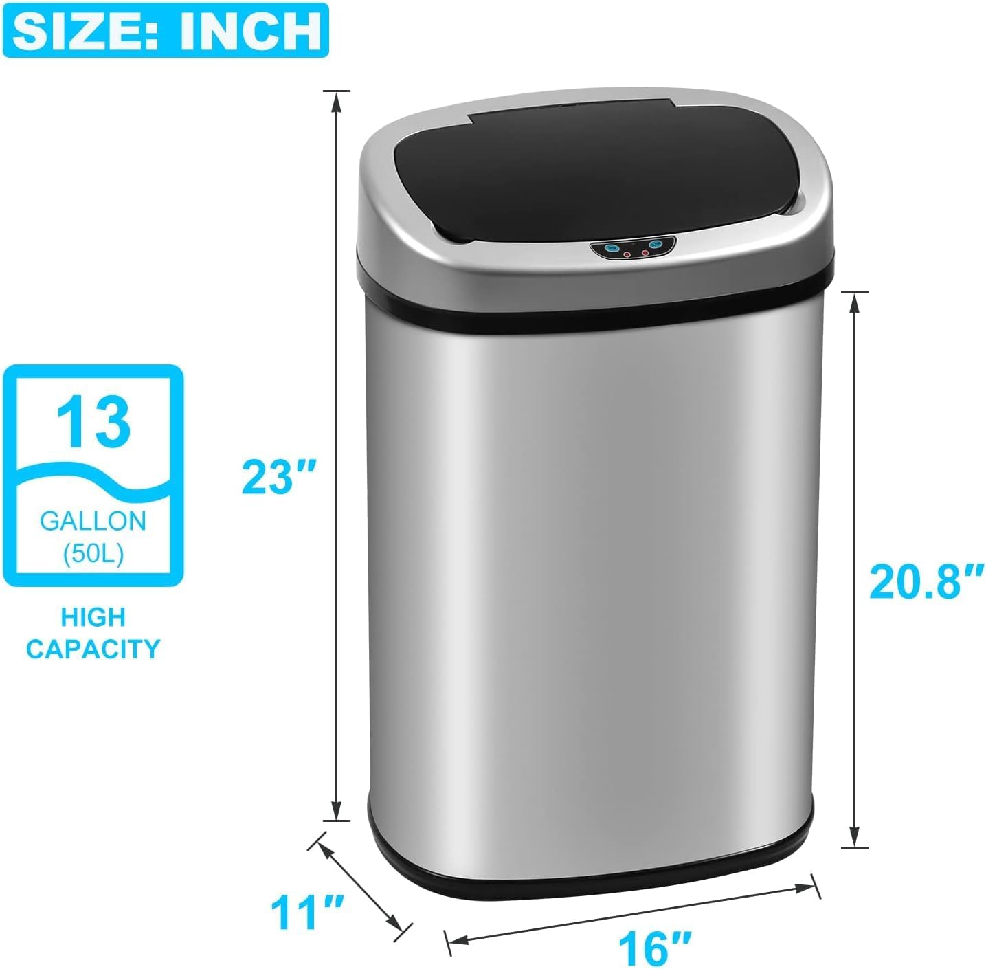 Bigacc Kitchen Trash Can | Stainless Steel 13 Gallon Trash Can | 50L Touch Free Garbage Can with Lid | Electronic Sensor High Capacity Trash Bin for Bathroom Kitchen Office, Silver