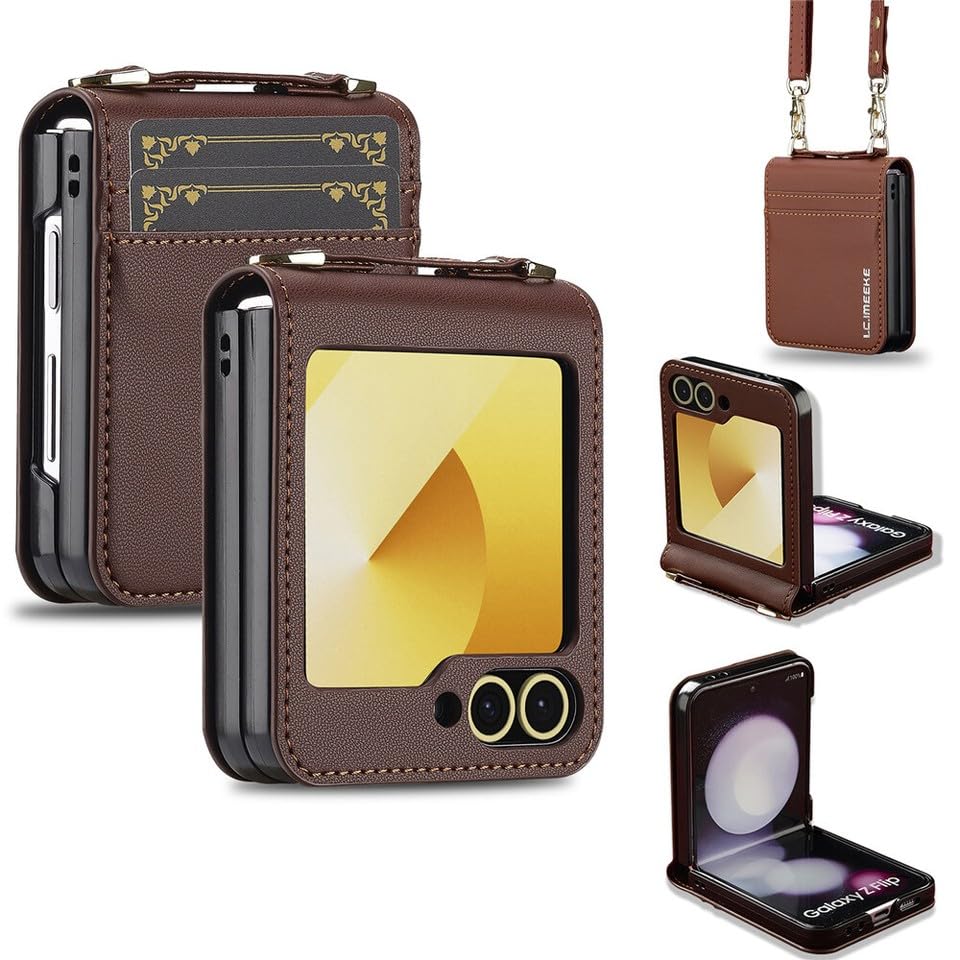 Coque Samsung Galaxy Z Flip 7 FE en cuir marron avec sangle de maintien antichoc