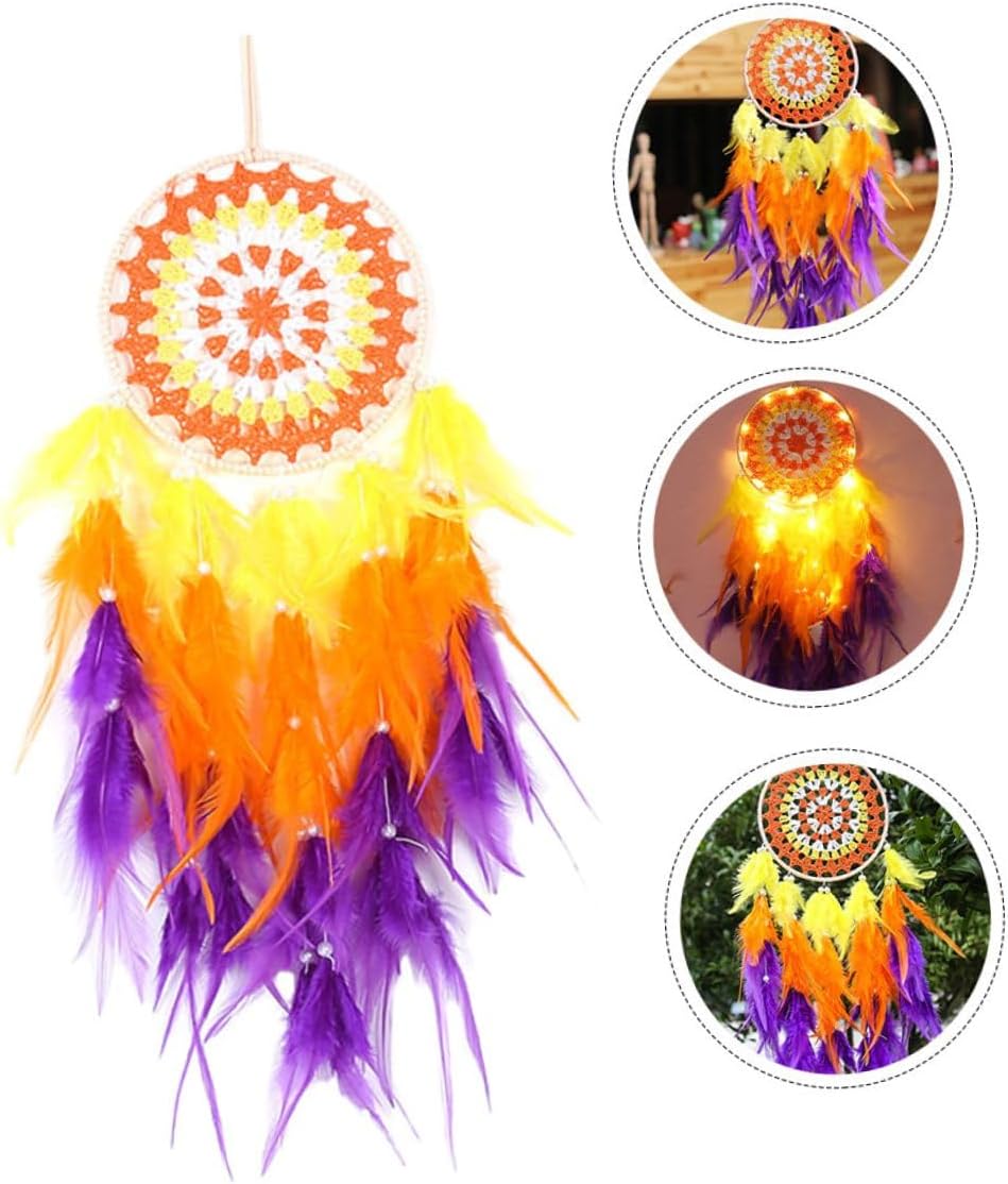 Colorful Dream Catcher with Light Handmade Hanging Ornament Plume Decoration for Bedroom Room Wall Décor Festival