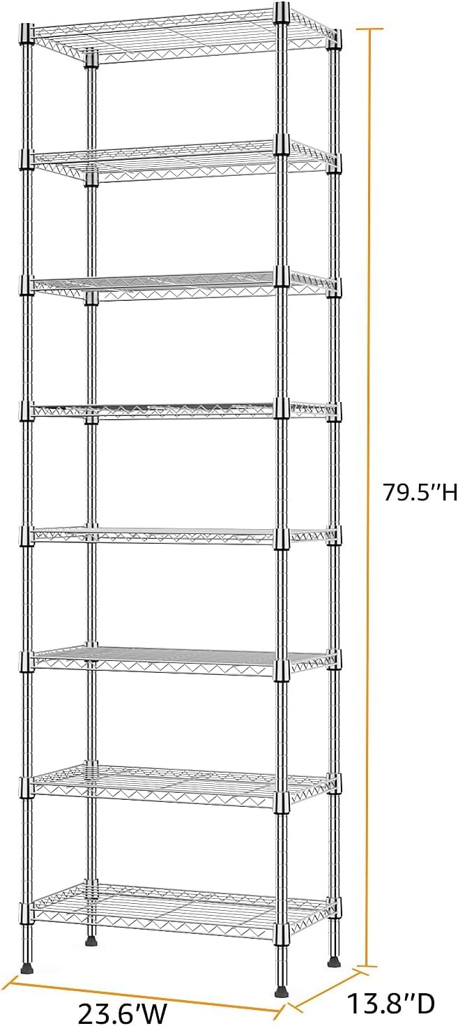 M MZG Scaffale a 8 ripiani, in metallo, per garage, cucina, bagno, lavanderia, portata massima 908 kg, cromato, 35 x 60 x 201,8 cm