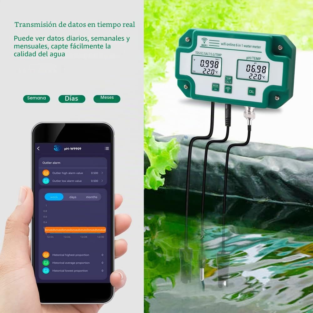 Probador de calidad del agua 6 en 1 WiFi Multiparámetro Monitor de calidad del agua PH digital/Sólidos disueltos totales/EC/S.G/Sal/Medidor de temperatura para Acuario