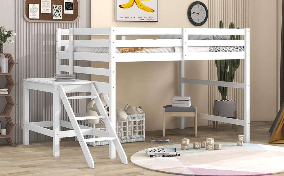 Dolonm Full Loft Bed with Platform, Wooden Low Height Loft Bed Frame with Ladder, Metal Loft Bed Frame for Kids Teens Adults, Full Size for Bedrooms, White