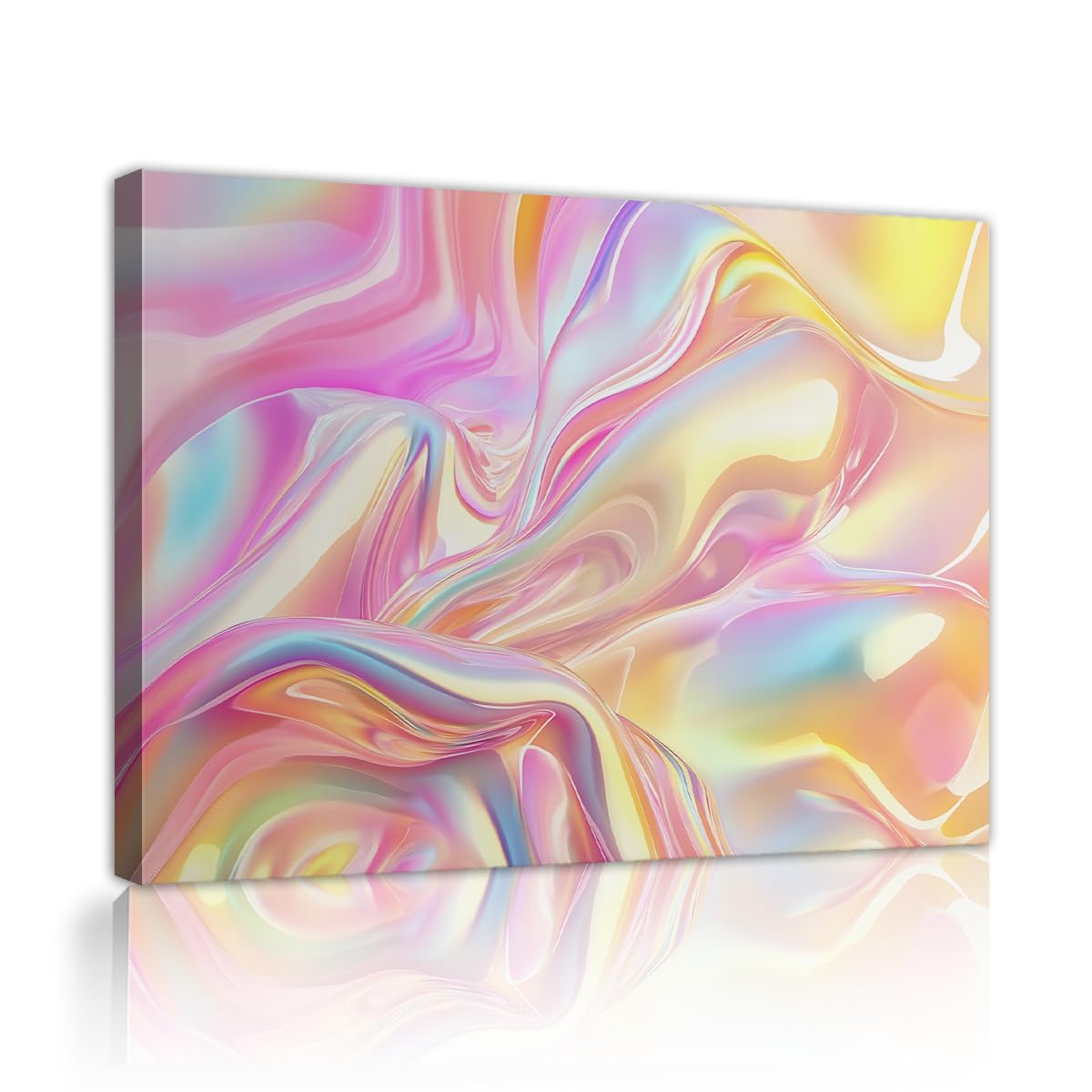 TOANGWALL Holographic Liquid Marble Framed Canvas Wall Paintings Girls Room Pastel Hologram Poster Print Artwork for Dorm Dressing Room Decor 85x100cm