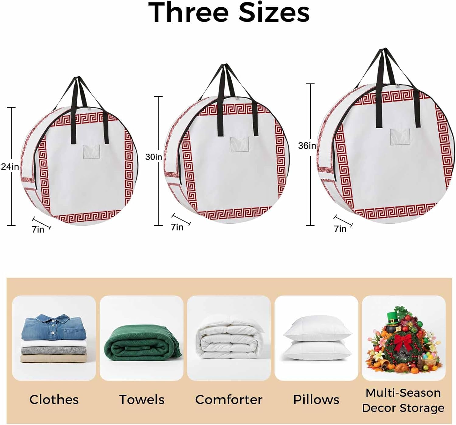 Red Geometric Round Storage Bag 36 Inch, Greek Pattern Chinese Clothes Storage Container with Handles Heavy Duty Organizer for Comforter, Bedding & Holiday Wreaths