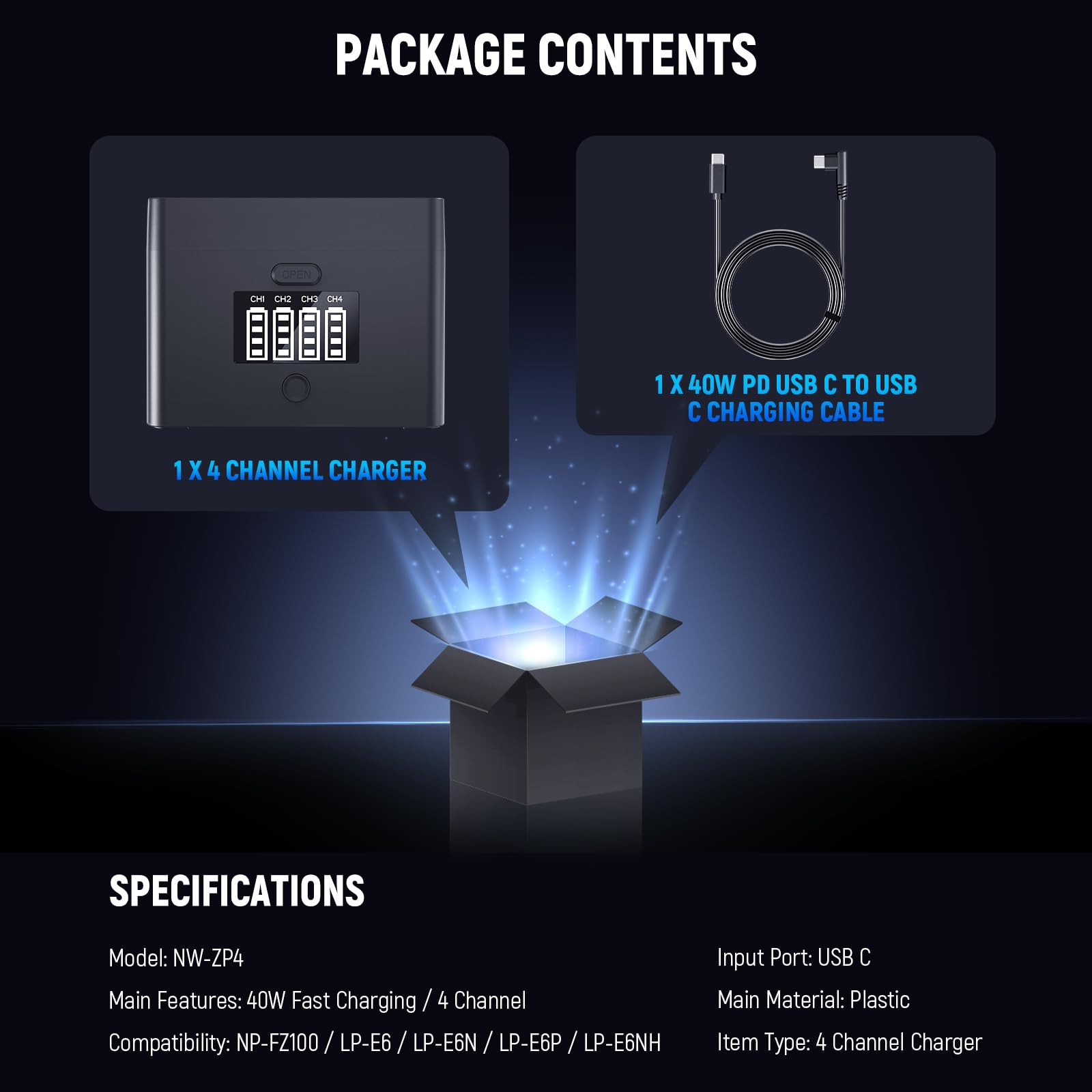 NEEWER Czterokanałowa ładowarka USB 2 w 1 do NP-FZ100 i LP-E6, szybkie ładowanie 40 W, plastikowy zasilacz zapasowy kompatybilny z Sony A6700 A7III FX3 FX30 A7IV Canon EOS R5 II, NW-ZP4