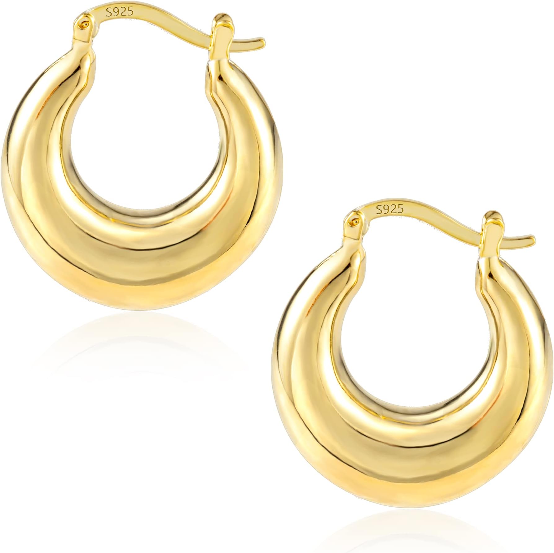 – Women's 925 Sterling Silver Earrings Posts 14k Gold Plated Chunky Oval Huggie Hoop Earrings Hypoallergenic Thick & Wide Design
