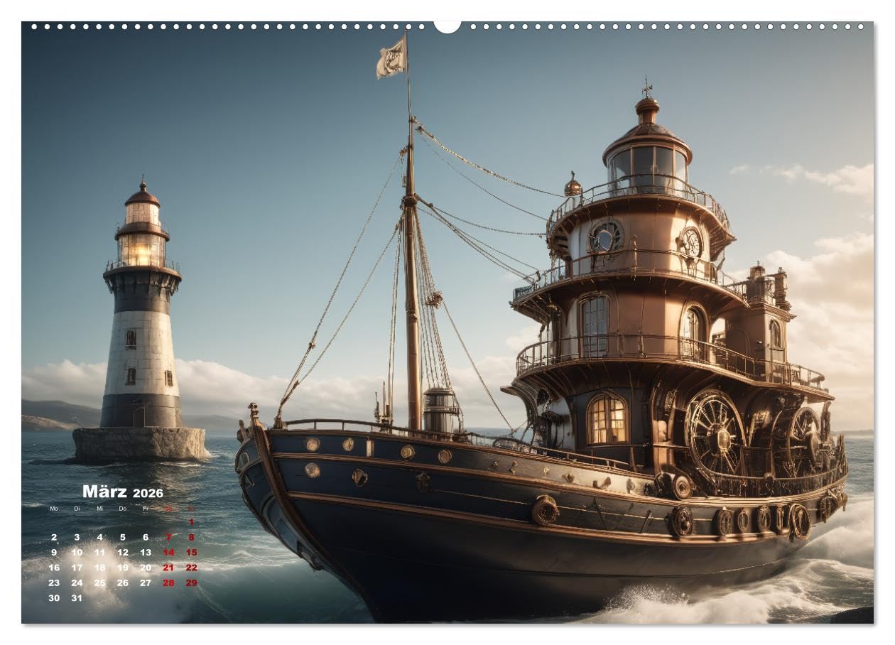 Steampunk - Die Welt der Leuchttürme (hochwertiger Premium Wandkalender 2026 DIN A2 quer), Kunstdruck in Hochglanz: Leuchttürme in einer Steampunk Umgebung (CALVENDO Technologie)