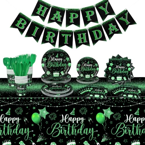 Vesici 171 Pcs Happy Birthday Party Supplies 24 Set Disposable Party Tableware include Plates Cups Napkins Cutlery and Banner Tablecloth Birthday Party Decorations for Men Woman (Black, Green)