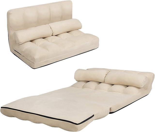 COSTWAY Double Folding Sofa Bed, 6-Position Adjustable Lounger Sleeper Seat Chair with 2 Pillows, Home Office Living Room Bedroom Floor Lazy Sofa Bed (Beige)