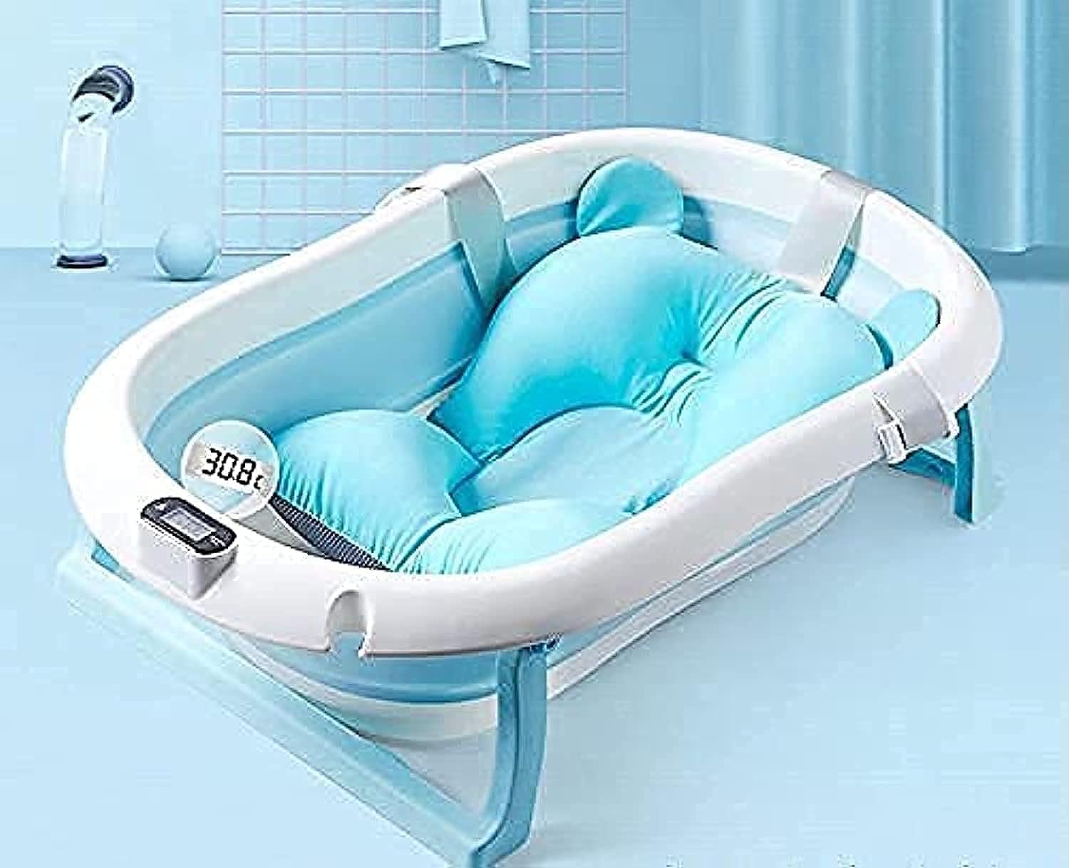 Foldable Baby Bathtub Set with Temperature Sensing Thermometer And Bathmat Cushion (Blue)