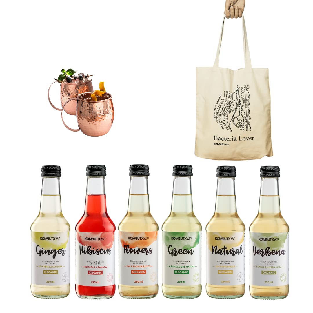 Mūn Ferments Deluxe Cocktail Kit 6x250ml - Pack De Té Kombucha Ecológica Bio Fermentada - 6 Sabores Con Probióticos Naturales - Té Orgánico Sin Azúcar - Incluye 2 Tazas De Cobre, Tote Bag Y Recetario