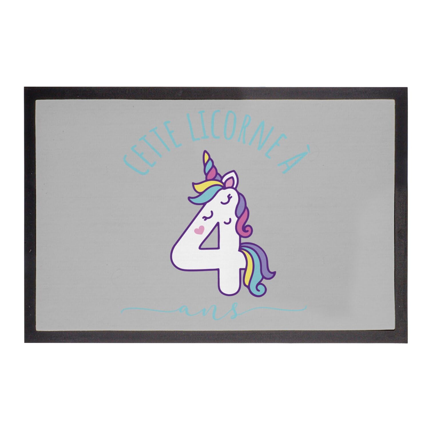 Paillasson anniversaire 4 ans cadeau licorne pour fête d'enfant gris