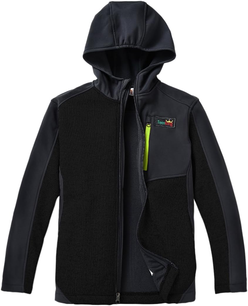 Teenking Boy's Fleece Outdoor Jacket with Hood Big Boy(Size 14/16) Black