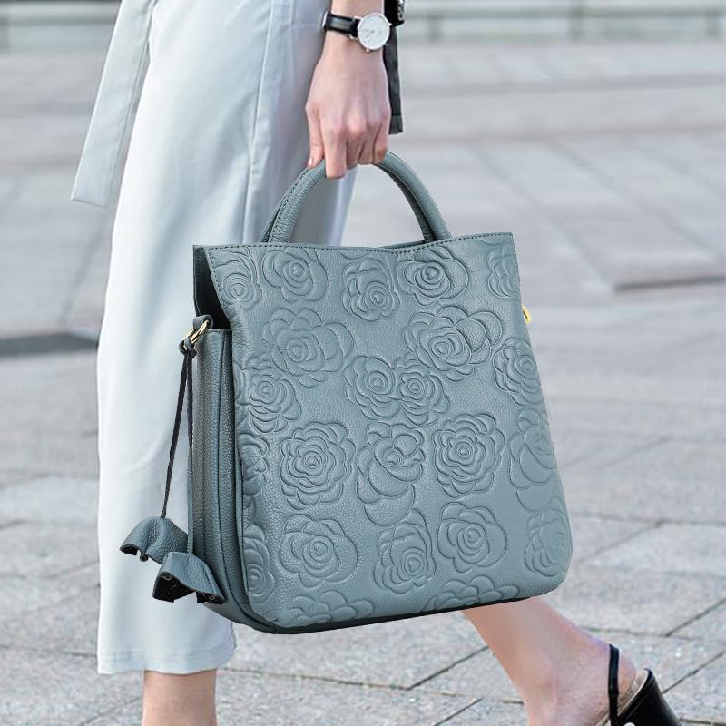 Genuine leather cowhide women's handbag rose camellia embossed large capacity detachable shoulder strap storage tote bag2