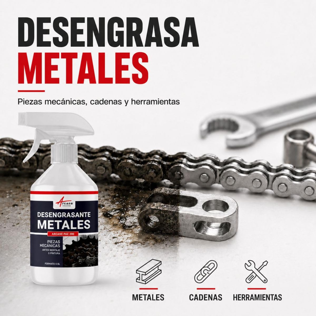 Limpiador Desengrasante para Metales, Moto y Coche 200 L | Desengrasa la Mecánica, Respeta Metales y Capas de Pintura, Cadenas de Bici, Moto y Herramientas - Arcane Industries
