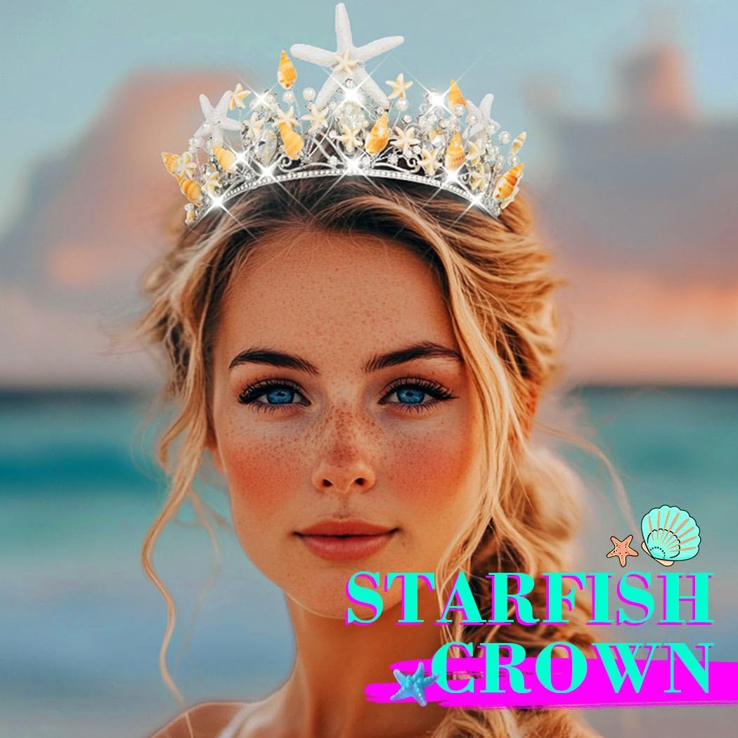 JEAIRTS Starfish Mermaid Tiaras and Crowns Silver Conch Wedding Tiara Headpiece Beach Pearl Bridal Hair Accessories for Women image 5