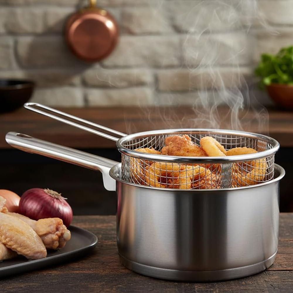MGE - Pentolino Friggitrice con Cestello in Acciaio Inox - Padella Friggitrice con Cestello - Pentola per Friggere - Ø 16 cm