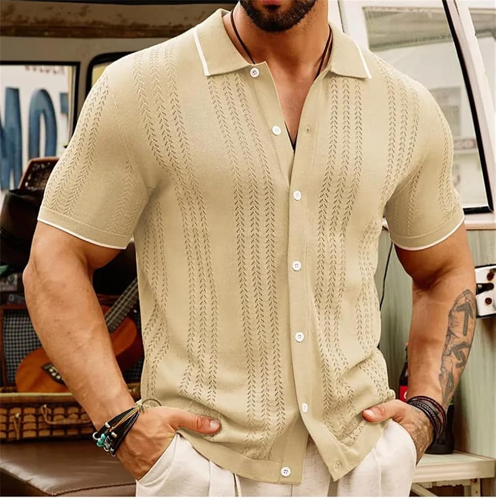 Amazon.com: Men's Button Down Knitted Polo Shirt Retro Solid