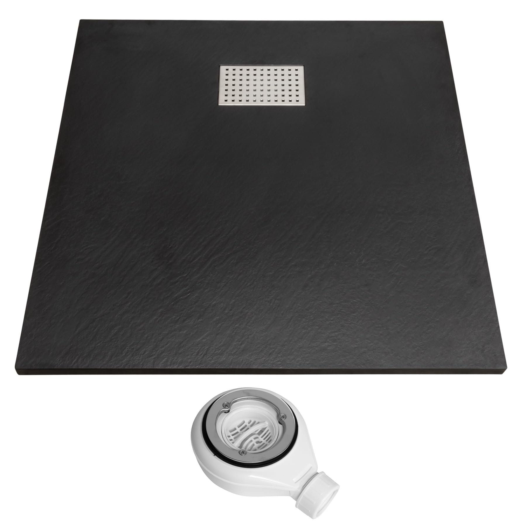 Thermopanel SMC Black Shower Trays Base Slate Stone Effect Textured Non Slip with Waste and Stainless Steel Cover - 1700 x 800mm