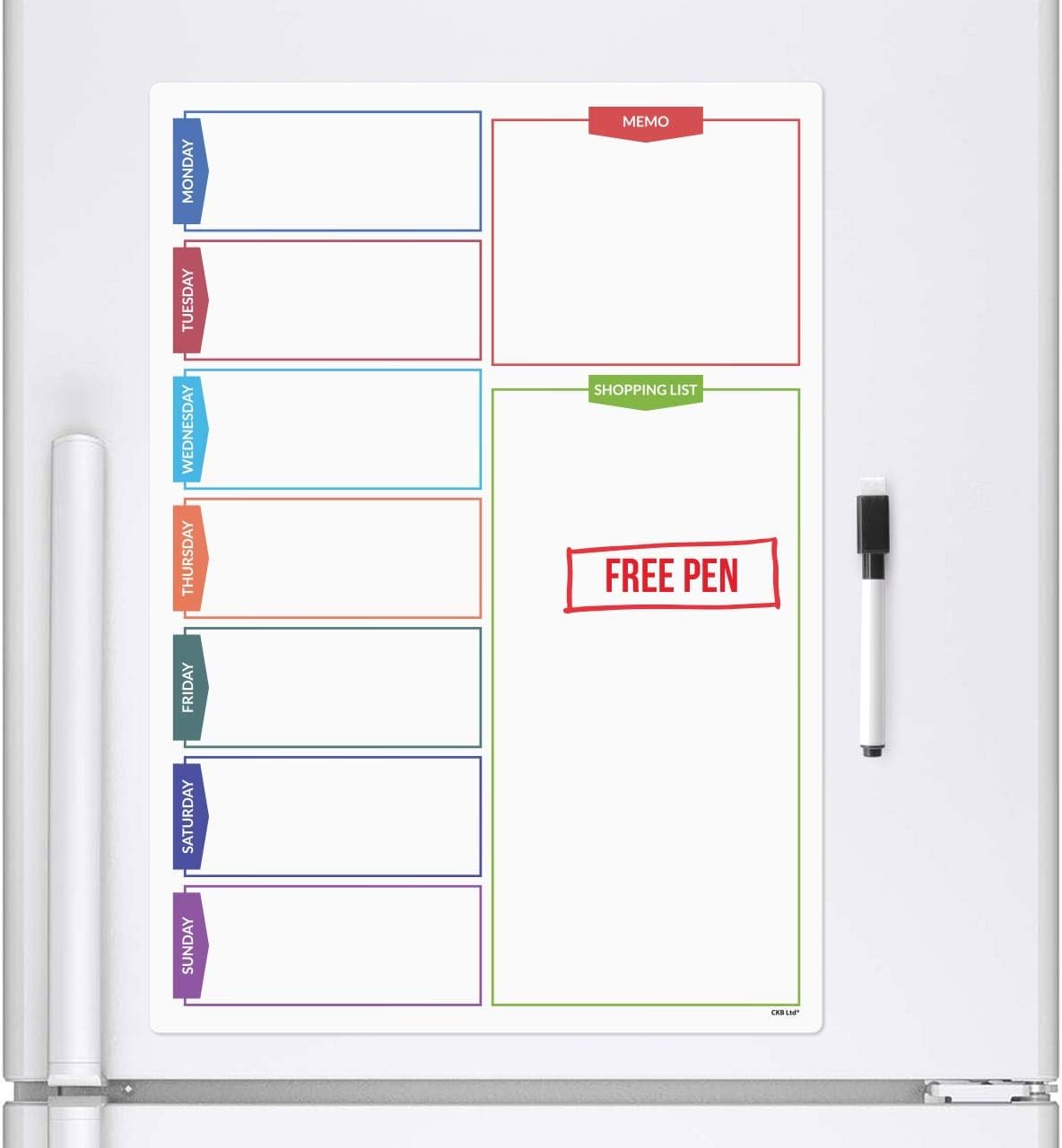 CKB LTD® COLOUR SHOPPING Magnetic Fridge Board With Marker White Board & Pen - Drywipe Magnet Whiteboard Kitchen Office Memo Notice Board Large A3 Meal Daily Planner