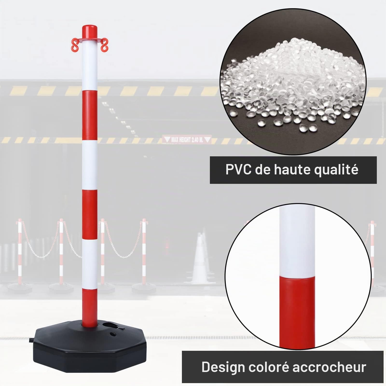 LARS360 Lot de 2 poteaux d'arrêt avec chaîne, 82 x 28 x 28 cm, poteaux de chaîne en plastique pour contrôle de la circulation ou avertissement sur l'allée, garage, rouge et blanc