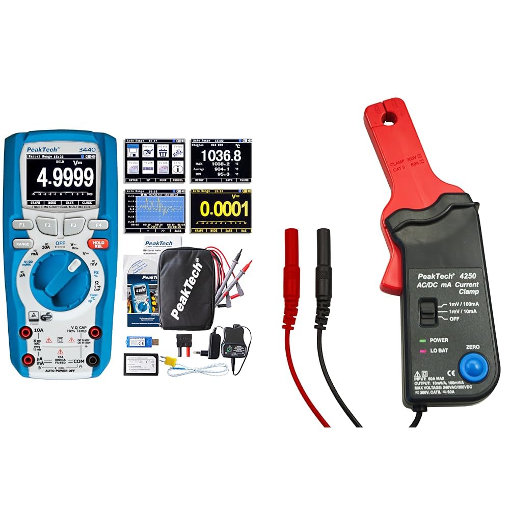 PeakTech P 3440 - Multimetr Graficzny ~ 50.000 zliczeń ~1000V AC/DC z rejestratorem danych, TrueRMS, Bluetooth & PeakTech P 4250 - Adapter cęgów prądowych do Multimetru ~ 60 A AC/DC ~ z wtyczką 4mm