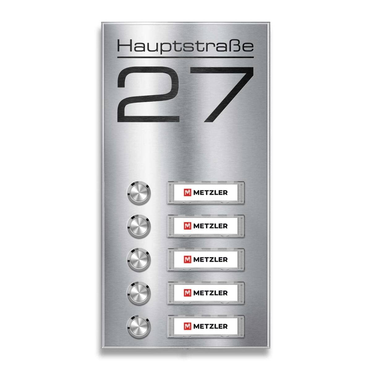 Sonnette sans fil en saillie Metzler pour immeubles – inox V2A – plaques nominatives interchangeables – gravure incluse (nom de rue) – bouton-poussoir LED au choix – 5 boutons | Tara M5