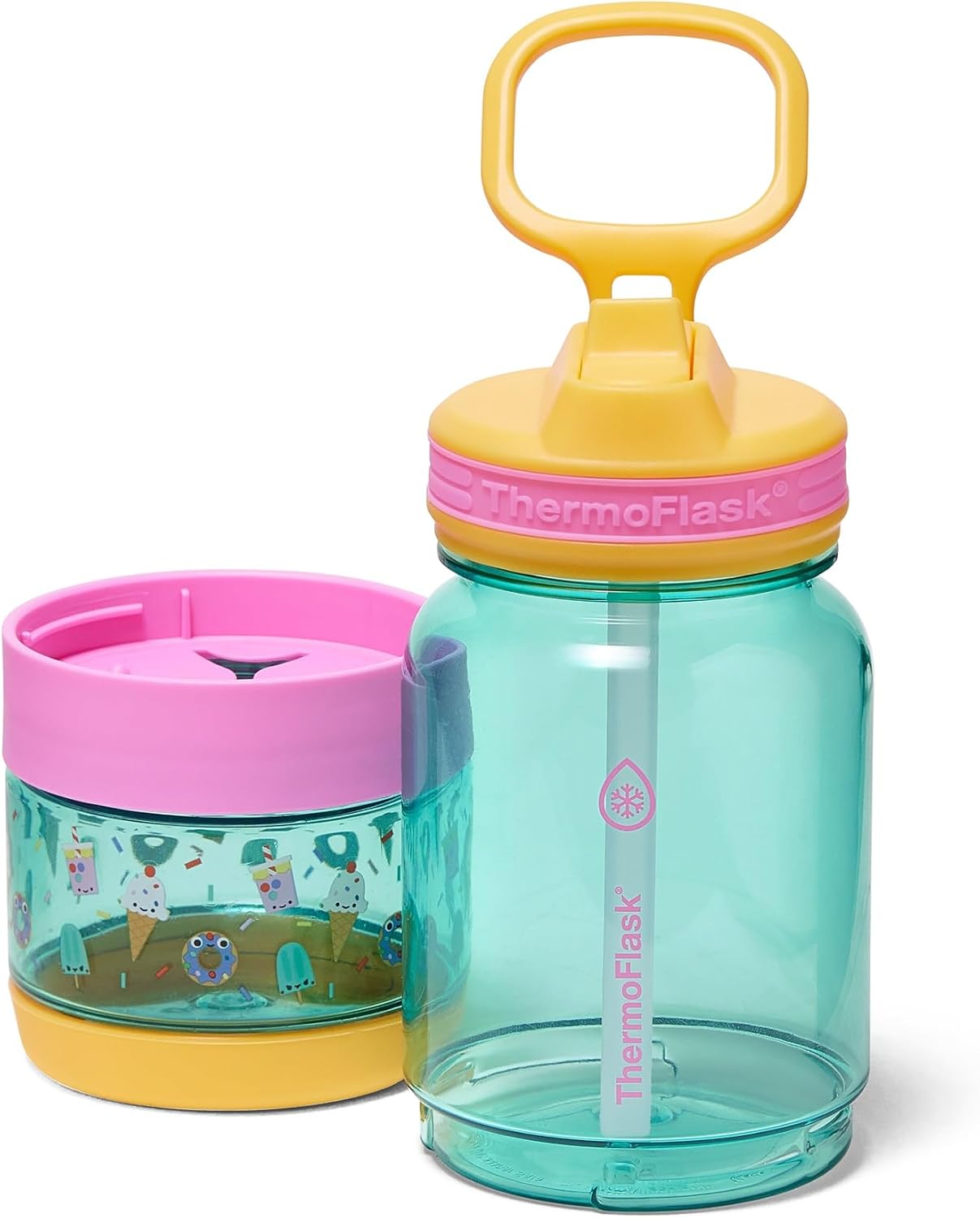 ThermoFlask 14 oz 2-in-1 Snack and Sip Durable Tritan Bottle with Integrated Snack Cup Compartment - Leakproof Folding Straw Lid - Protective Bumper - Teal Treats - BPA-Free image 3
