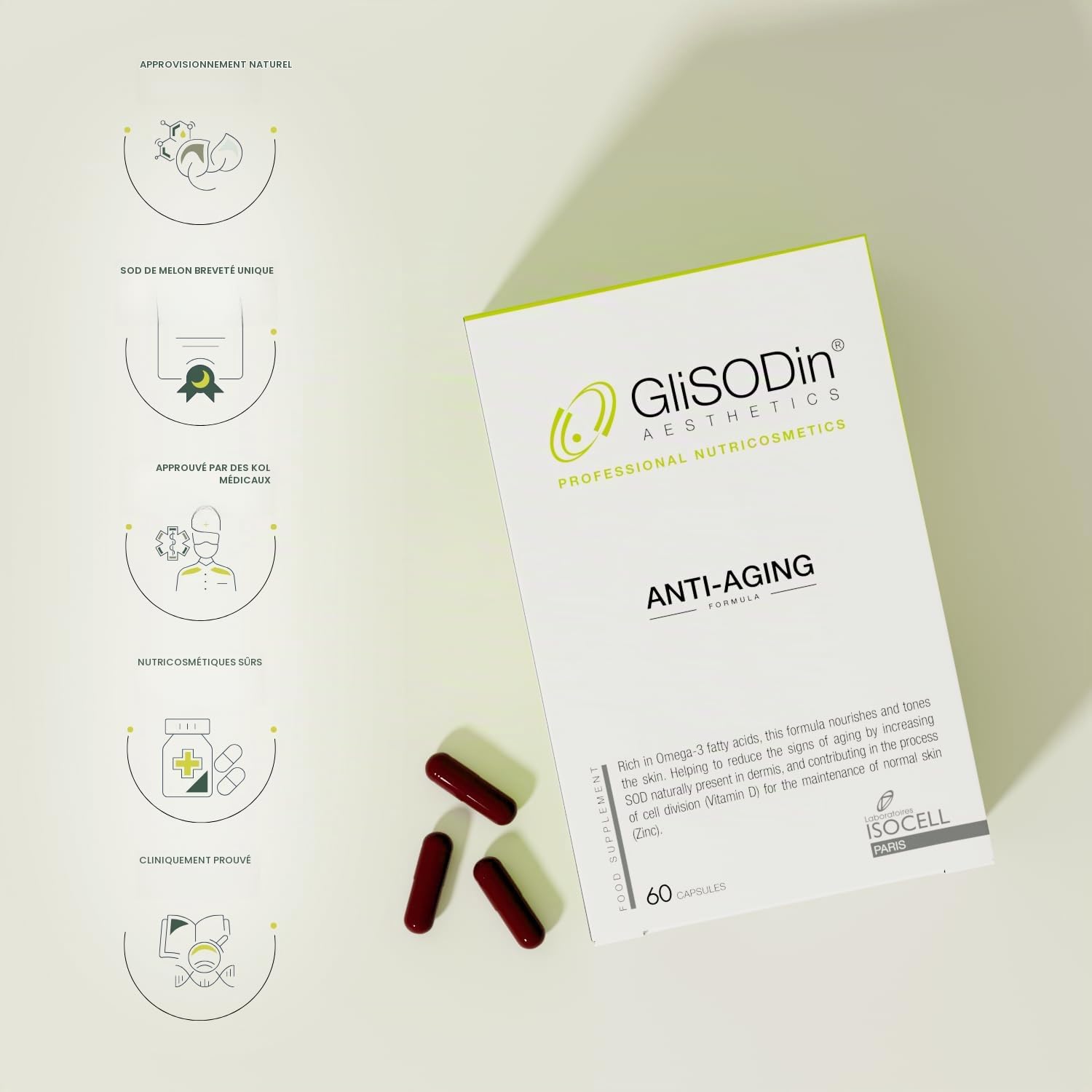 GliSODin Anti-Âge – Complément avec ingrédients hydratants, cliniquement prouvé, aide à une peau plus éclatante et réduit les rides – 60 gélules