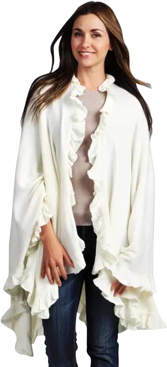 Fennco Styles Women's Ruffle Trim Knit Open Front Poncho Cape Shawl - Fall Wrap Jacket, Cozy and Stylish Layering Piece