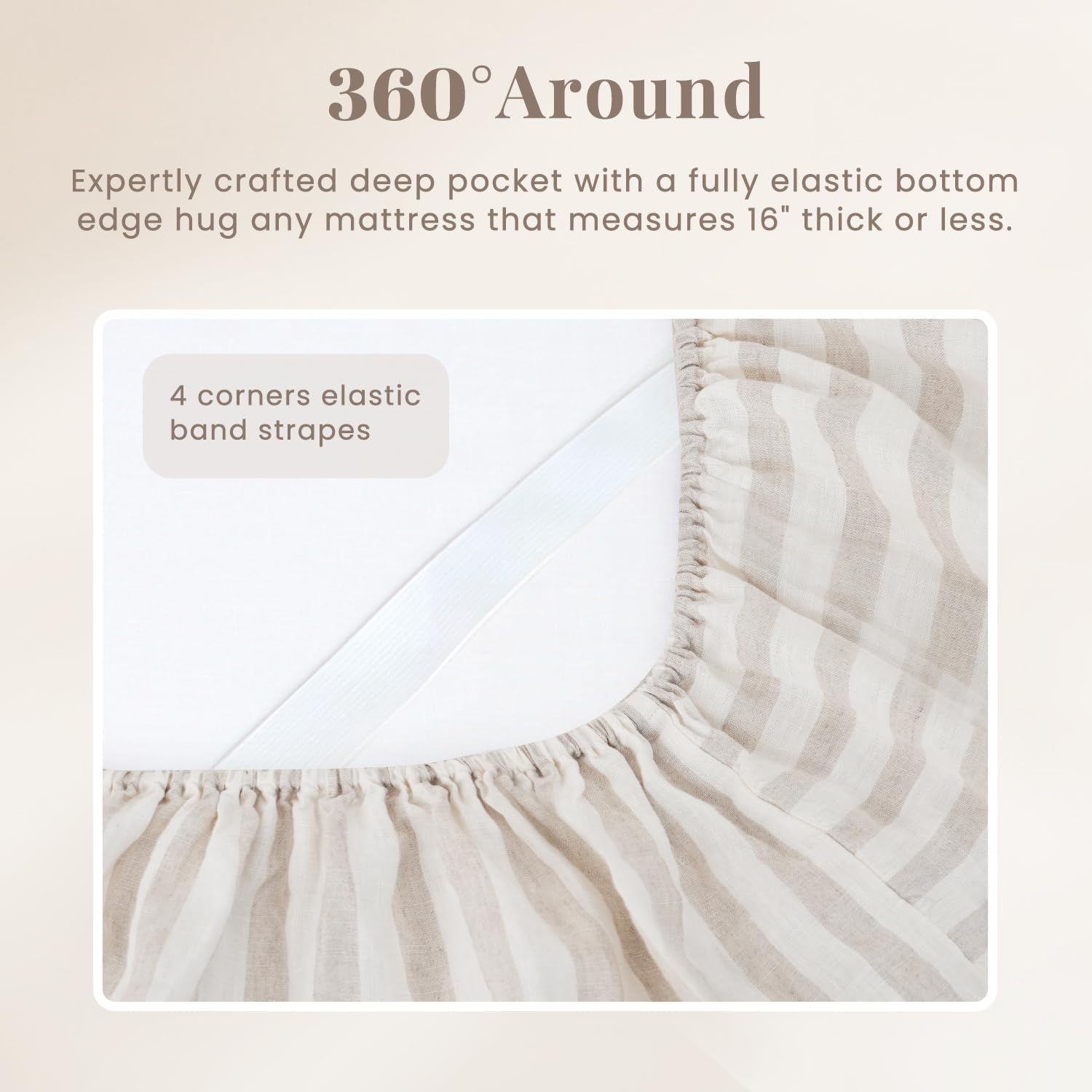 S VICTORY SYMBOL 100% Organic Linen Beige Stripe Fitted Sheet 60"x80",Yarn Dyed 16inch Deep Pocket Mattress Cover 1 Piece,Stone Washed Natural French Flax Bottom Sheet Queen Size