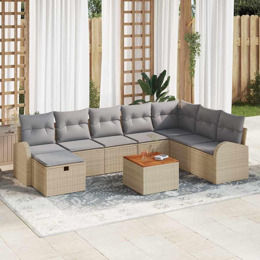Juego de 9 sofás de jardín de polirratán beige con mesa de madera de acacia, conjunto modular moderno para balcón, terraza y jardín, resistente a la intemperie, con espacio para momentos