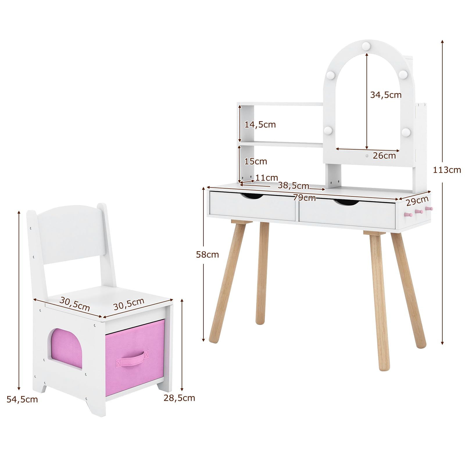 RELAX4LIFE Toeletta Trucco per Bambini con Luci, 3 Colori e Luminosità Regolabile, Set di Tavolo e Sedia con Specchio, Postazione Trucco per Bambini 3+ Anni (Bianco)