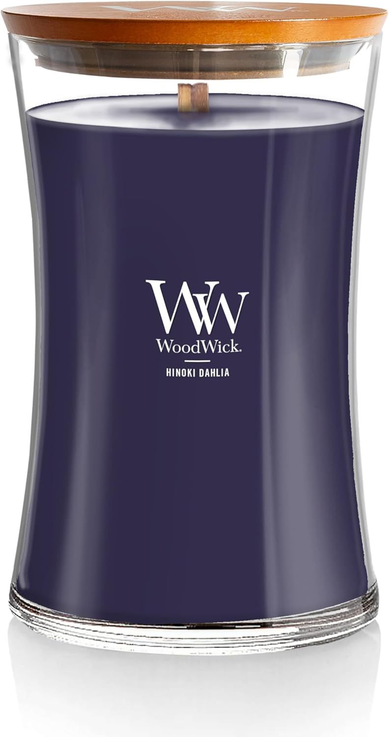 WoodWick Large Hourglass Candle Hinoki Dahlia - Premium Soy Blend Wax Pluswick Innovation Wood Wick Made in USA