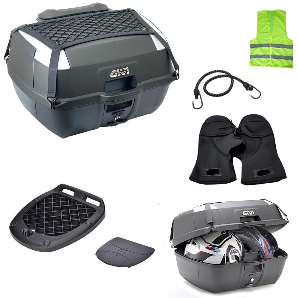 COMPATIBILE CON PIAGGIO BEVERLY TOURER 400 BAULETTO GIVI B45+ MONOLOCK 45 LITRI COMPLETO DI PIASTRA+RETE+SCHIENALE+KIT MONTAGGIO MOTO SCOOTER VALIGIA PER 2 CASCHI INTEGRALI JET NERO