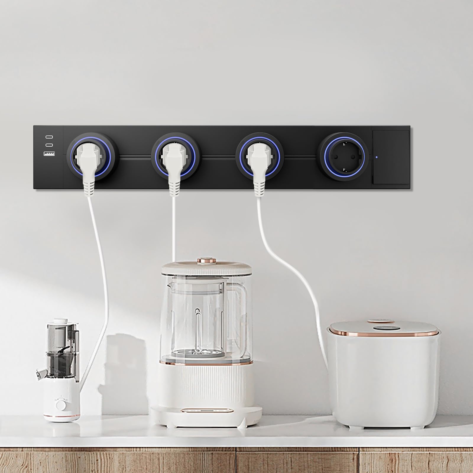 CNBINGO Stromschienen Steckdose mit USB,Aufputz Steckdosenleiste Schwarz | 60cm Stromschiene mit Schalter,Mehrfachsteckdose mit 4 Steckdosen Adaptern,Steckdosenschiene für Büro, Werkstatt