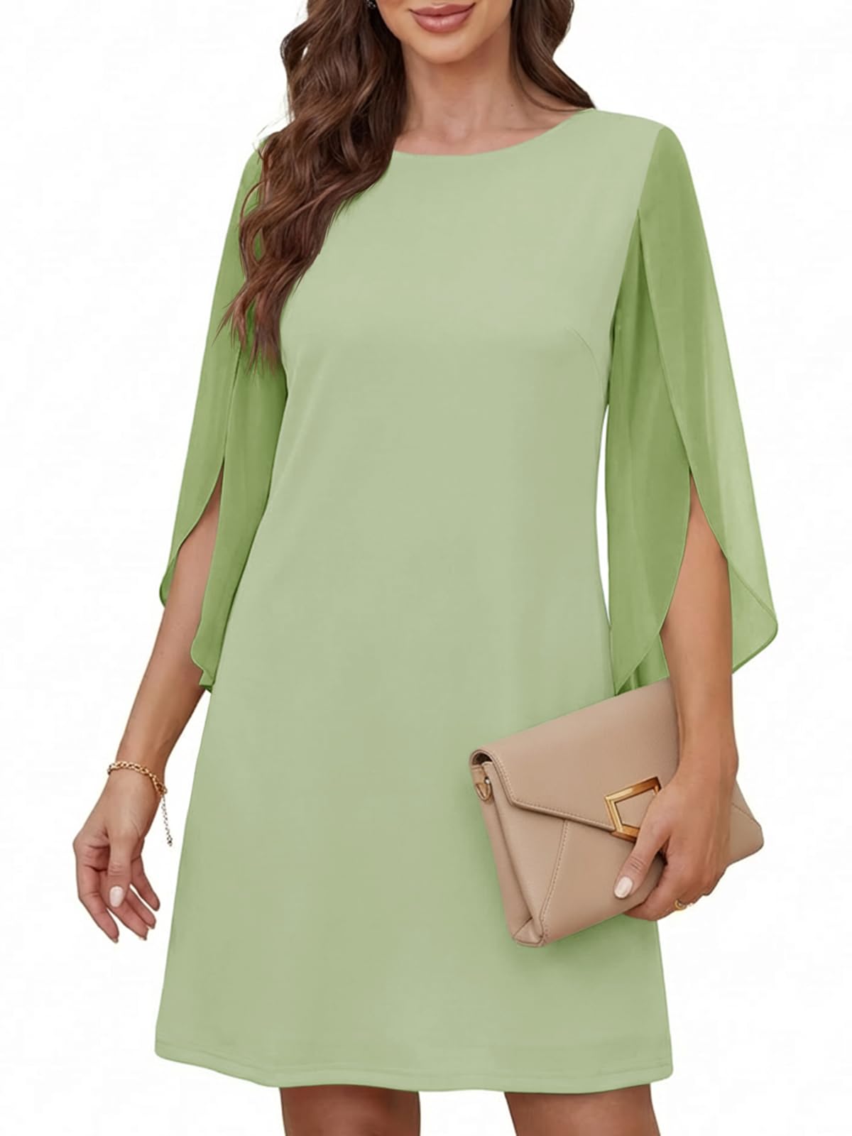 Cicy Bell Damen Rundhals Cocktailkleid Elegant Kleid Mesh 3/4 Arm Partykleid Einfarbig Freizeitkleid Knilang Sommerkleid
