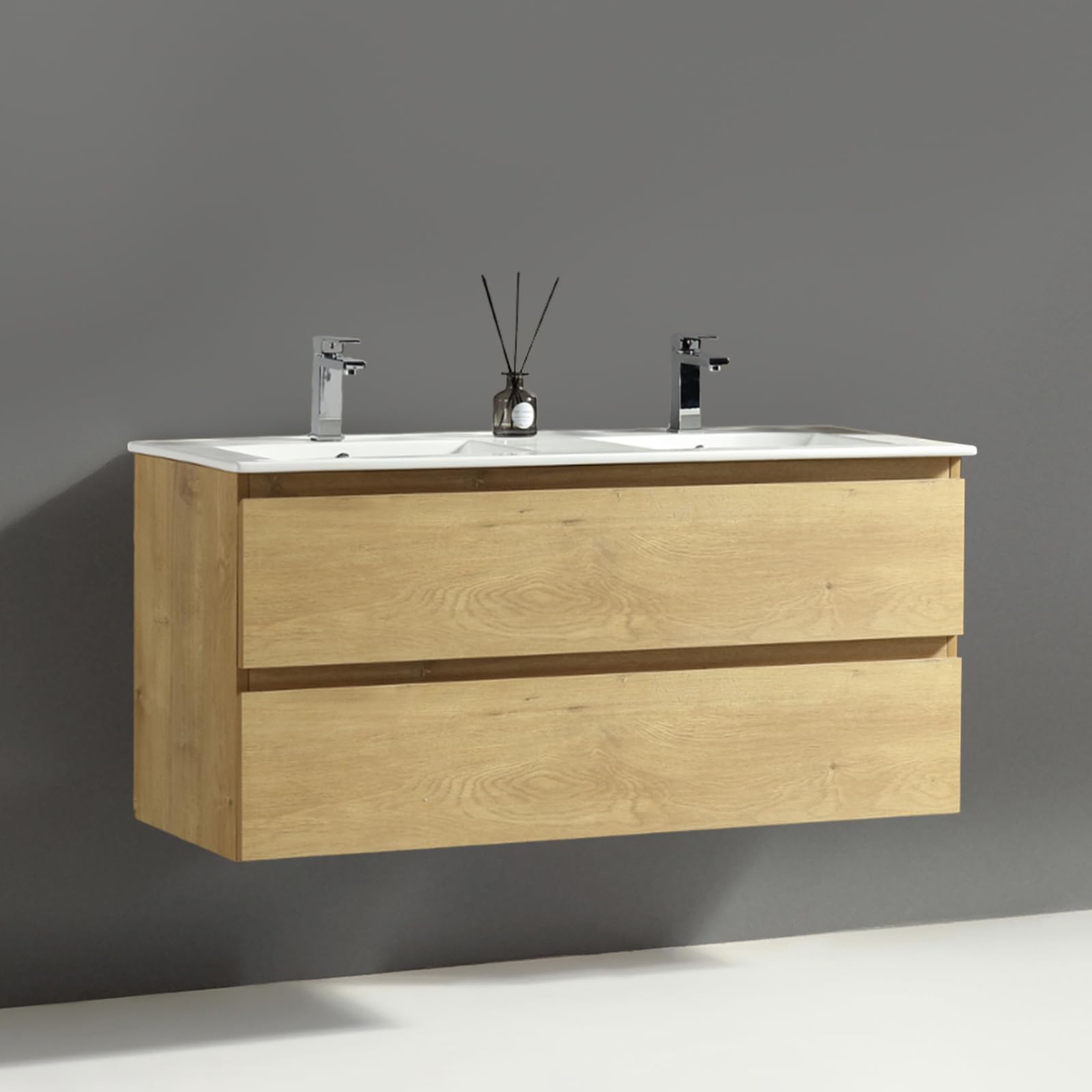 Alpenberger Waschtisch mit Unterschrank 120 cm Breit | Badezimmerschrank Badezimmermöbel Doppelwaschbecken | Waschbeckenunterschrank mit Waschbecken | Doppelwaschtisch (Vivento 120 Eiche Natur)