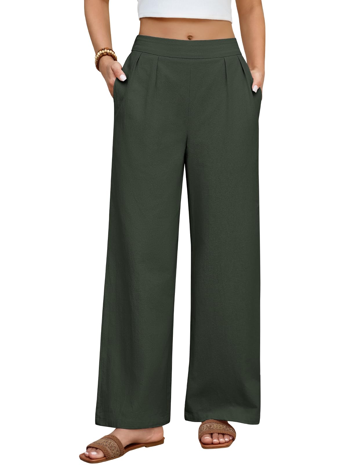 heekpek Damen Hosen Sommer Baumwolle Bequeme Damenhosen Weites Bein High Waist Hose Elegant Leichte Luftig Locker Sommerhose